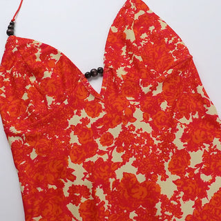 Self tie halter print v neck backless mini dress