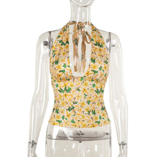 Halter self tie flower print backless top