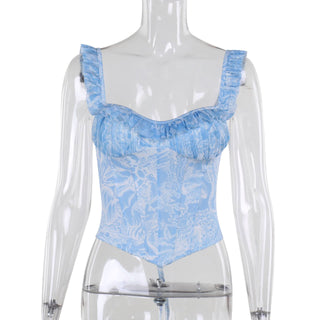 Ruched print corset self tie tank top