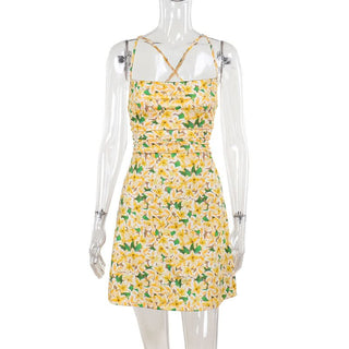 Square neck cross back ruched print cami mini dress