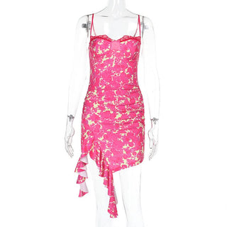 Irregular ruched lace hem print slit cami mini dress