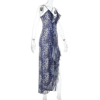 Leopard print hollow out irregular slit cami cut out maxi dress