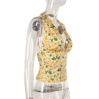 Halter self tie flower print backless top
