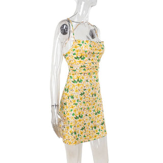 Square neck cross back ruched print cami mini dress