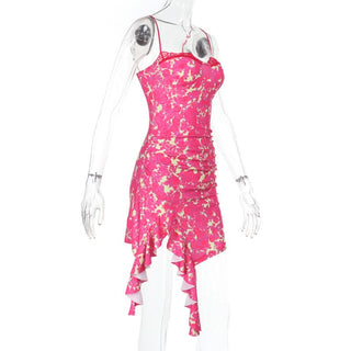 Irregular ruched lace hem print slit cami mini dress