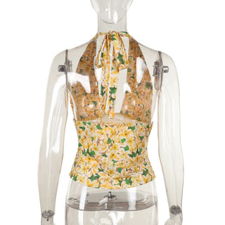 Halter self tie flower print backless top