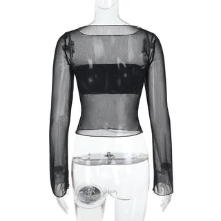 Long sleeve mesh crewneck solid top