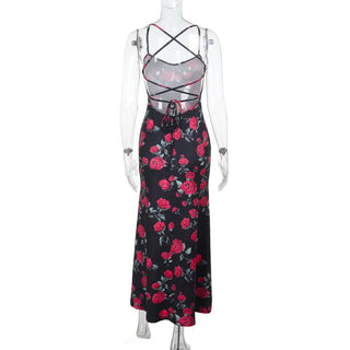 Cross back self tie flower print v neck cami maxi dress