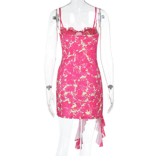 Irregular ruched lace hem print slit cami mini dress