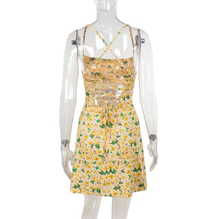 Square neck cross back ruched print cami mini dress