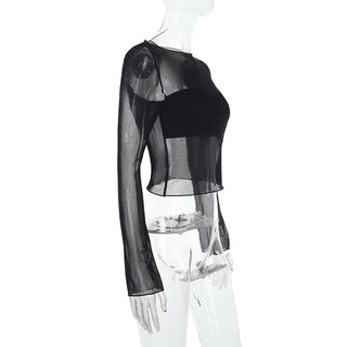 Long sleeve mesh crewneck solid top