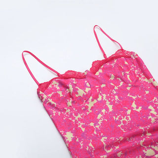 Irregular ruched lace hem print slit cami mini dress