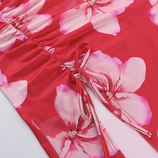 One shoulder ruched slit flower print maxi dress