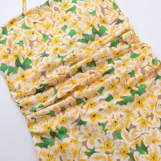 Square neck cross back ruched print cami mini dress