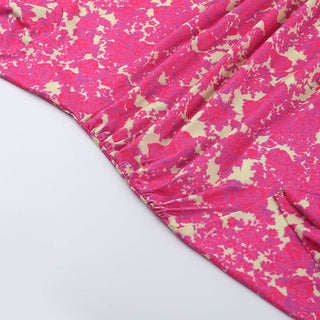 Irregular ruched lace hem print slit cami mini dress