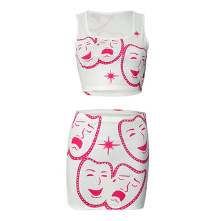 Square neck ribbed face print mini skirt set