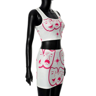 Square neck ribbed face print mini skirt set