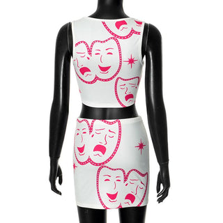 Square neck ribbed face print mini skirt set