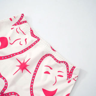 Square neck ribbed face print mini skirt set