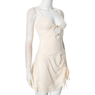 V neck hollow out ruched drawstring cami cut out mini dress