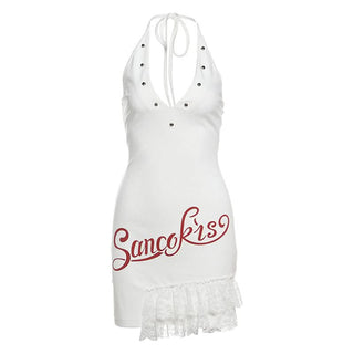 V neck letter pattern halter self tie mini dress