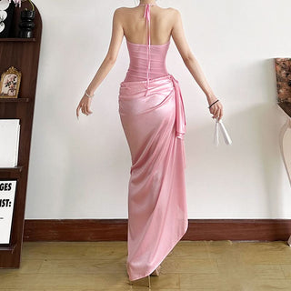 Halter self tie button mesh ruched maxi dress