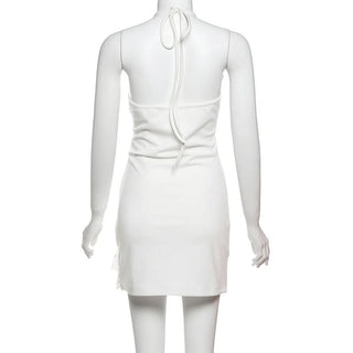 V neck letter pattern halter self tie mini dress