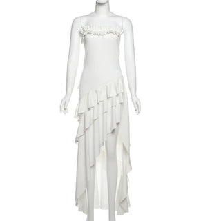 Ruffle irregular ruched solid tube midi dress