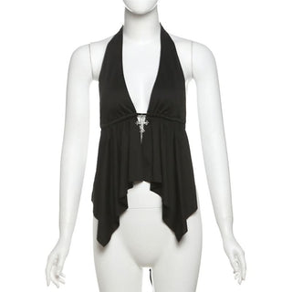 Self tie halter backless deep V neck top