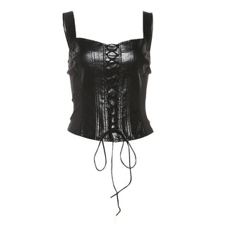 Lace up v neck PU leather backless tank top