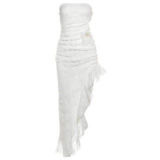 Hollow out irregular ruched lace tube cut out midi dress