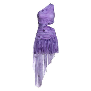 One shoulder hollow out ruched print cut out mini dress