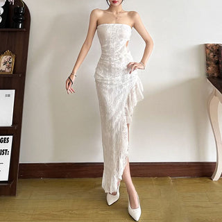 Hollow out irregular ruched lace tube cut out midi dress