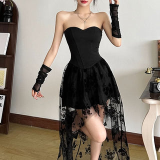 Sweetheart neck flower print mesh tube mini dress