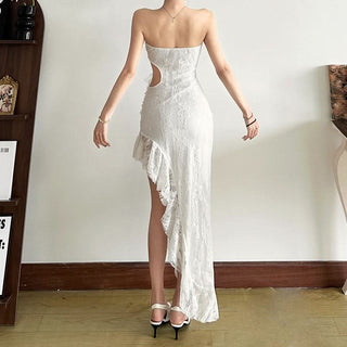 Hollow out irregular ruched lace tube cut out midi dress