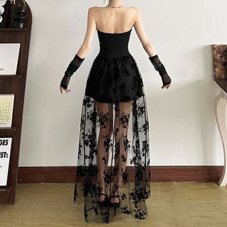 Sweetheart neck flower print mesh tube mini dress