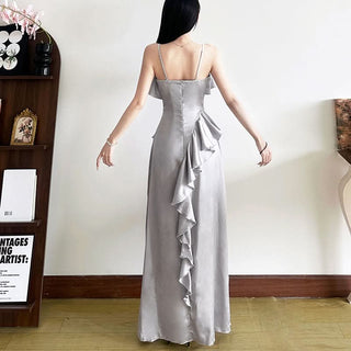 Zip-up u neck ruffle slit cami maxi dress