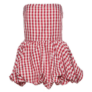 Plaid zip-up ruched contrast tube top