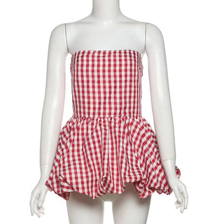 Plaid zip-up ruched contrast tube top