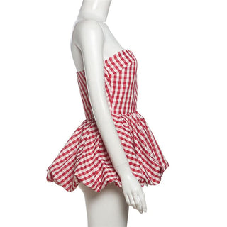 Plaid zip-up ruched contrast tube top