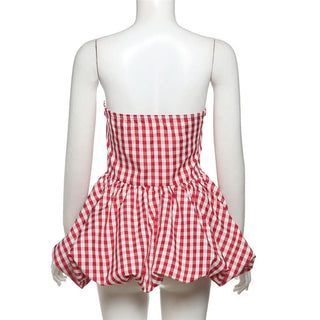 Plaid zip-up ruched contrast tube top