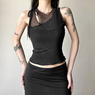 Hollow out mesh crewneck ruffle solid cut out top