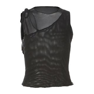 Hollow out mesh crewneck ruffle solid cut out top