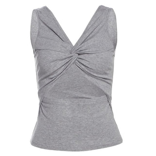 Ruched v neck hollow out knotted solid cut out top