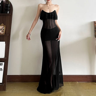 Ruffle u neck mesh solid cami maxi dress