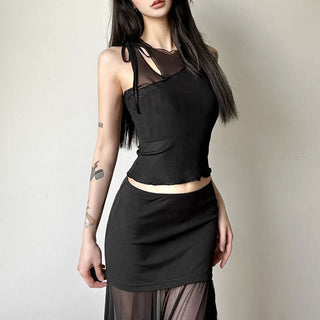 Hollow out mesh crewneck ruffle solid cut out top