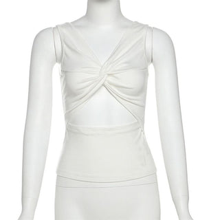 Ruched v neck hollow out knotted solid cut out top