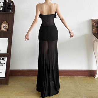 Ruffle u neck mesh solid cami maxi dress