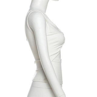 Ruched v neck hollow out knotted solid cut out top