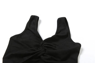 Ruched v neck hollow out knotted solid cut out top